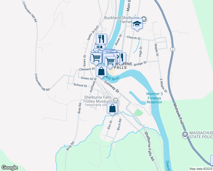 map of restaurants, bars, coffee shops, grocery stores, and more near 2-44 Conway Street in Shelburne Falls