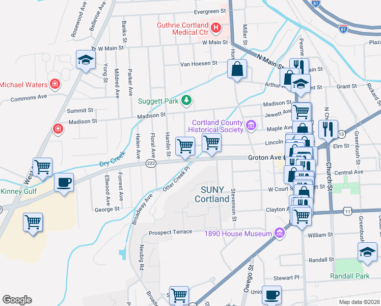map of restaurants, bars, coffee shops, grocery stores, and more near 93 Lincoln Avenue in Cortland
