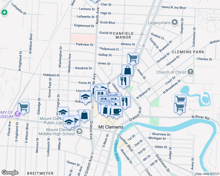 map of restaurants, bars, coffee shops, grocery stores, and more near 116 Market Street in Mount Clemens