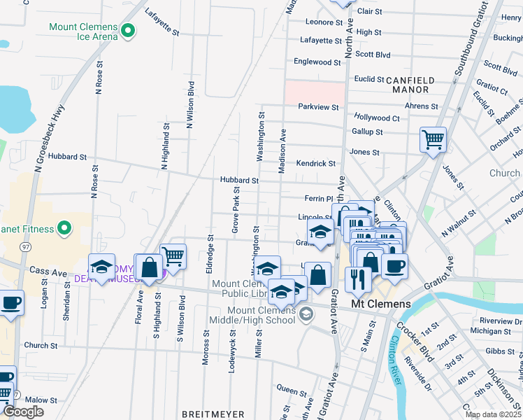 map of restaurants, bars, coffee shops, grocery stores, and more near 92 Lincoln Street in Mount Clemens