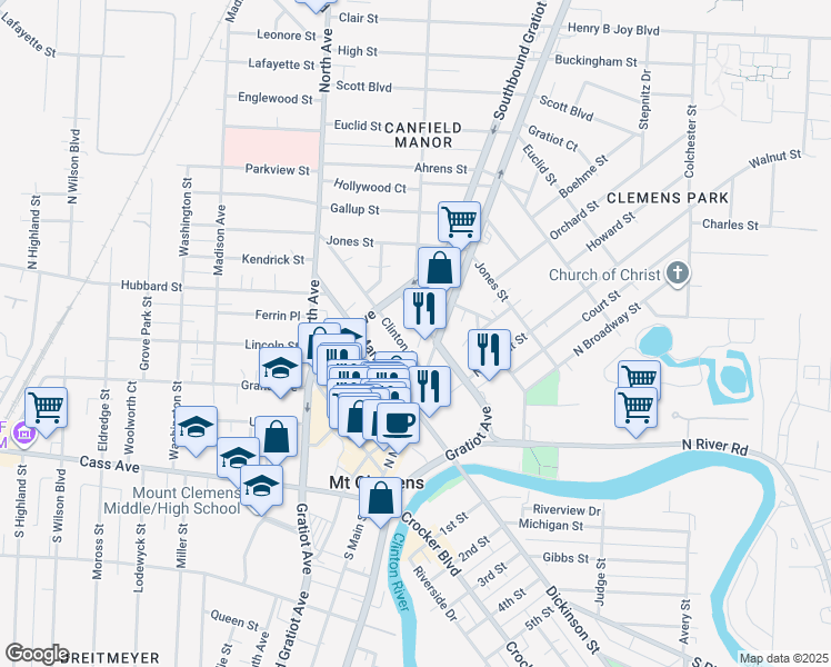 map of restaurants, bars, coffee shops, grocery stores, and more near 9 Welts Street in Mount Clemens