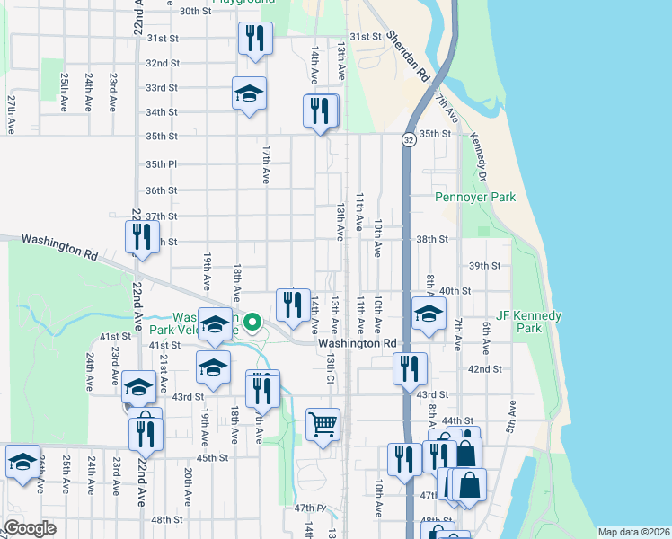 map of restaurants, bars, coffee shops, grocery stores, and more near 3836 13th Avenue in Kenosha