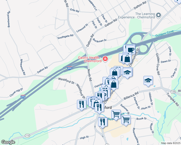 map of restaurants, bars, coffee shops, grocery stores, and more near 43 North Road in Chelmsford