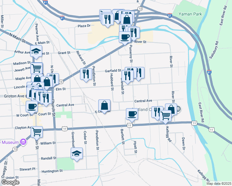 map of restaurants, bars, coffee shops, grocery stores, and more near 87-89 Elm Street in Cortland