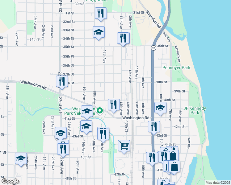 map of restaurants, bars, coffee shops, grocery stores, and more near 3833 16th Avenue in Kenosha