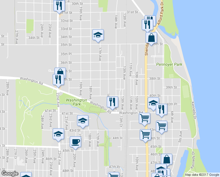 map of restaurants, bars, coffee shops, grocery stores, and more near 3833 16th Avenue in Kenosha