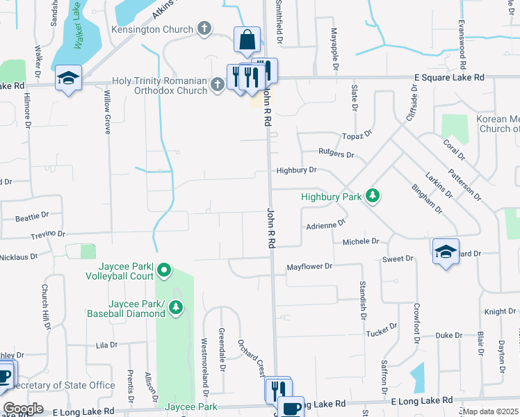 map of restaurants, bars, coffee shops, grocery stores, and more near 5615 John R Road in Troy