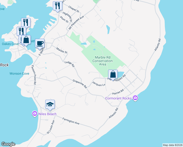 map of restaurants, bars, coffee shops, grocery stores, and more near 10 Seaview Road in Gloucester