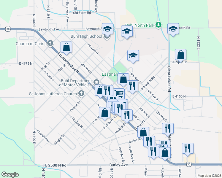 map of restaurants, bars, coffee shops, grocery stores, and more near 222 9th Avenue North in Buhl