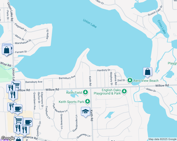 map of restaurants, bars, coffee shops, grocery stores, and more near 2340 Keith Rd in West Bloomfield Township