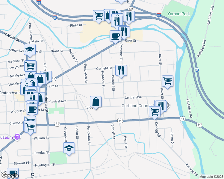 map of restaurants, bars, coffee shops, grocery stores, and more near 44 Crandall Street in Cortland