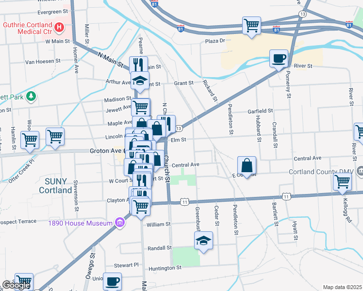 map of restaurants, bars, coffee shops, grocery stores, and more near 60 Central Avenue in Cortland