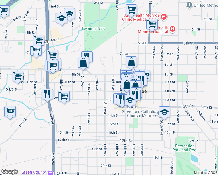 map of restaurants, bars, coffee shops, grocery stores, and more near 1303 11th St in Monroe