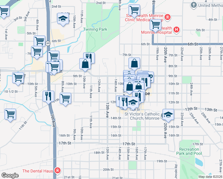 map of restaurants, bars, coffee shops, grocery stores, and more near 1303 11th Street in Monroe