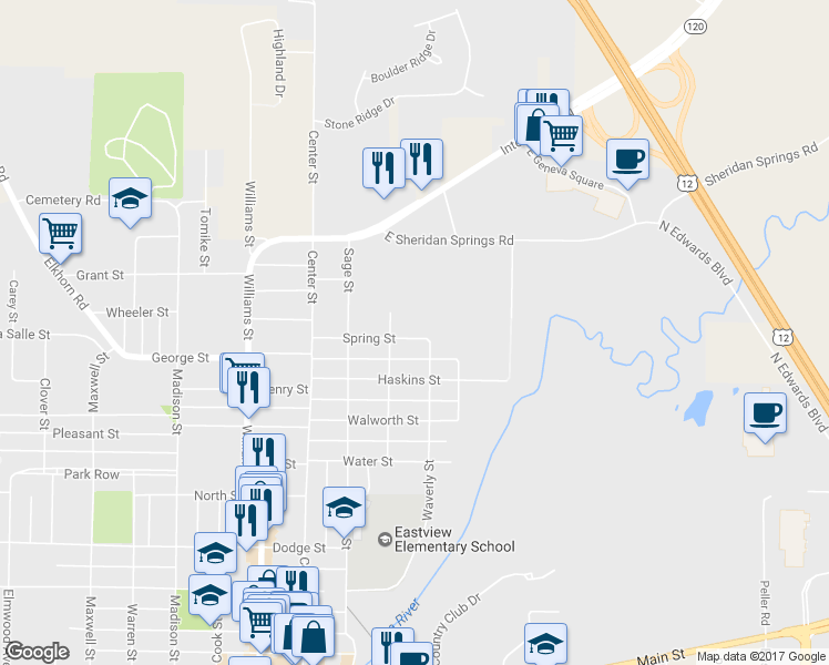 map of restaurants, bars, coffee shops, grocery stores, and more near 417 Spring Street in Lake Geneva