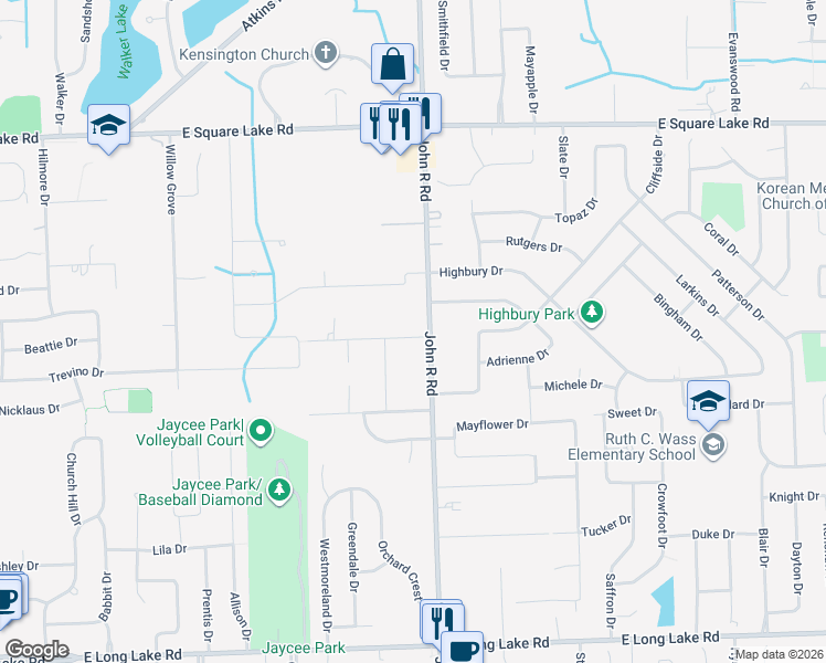 map of restaurants, bars, coffee shops, grocery stores, and more near 5615 John R Road in Troy