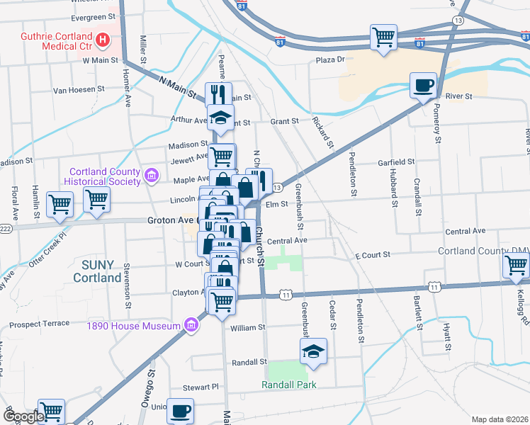 map of restaurants, bars, coffee shops, grocery stores, and more near 5 Church Street in Cortland