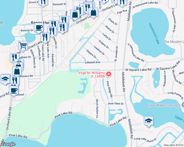 map of restaurants, bars, coffee shops, grocery stores, and more near 2575 W Square Lake Rd in West Bloomfield Township