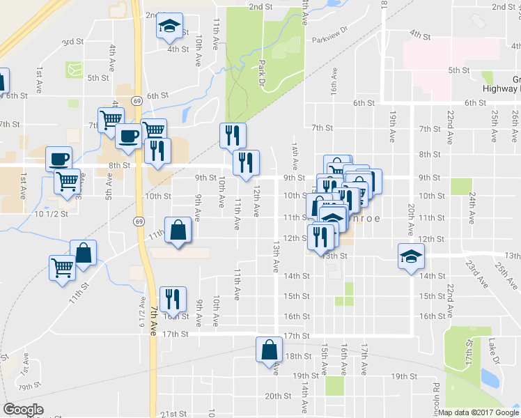 map of restaurants, bars, coffee shops, grocery stores, and more near 1016 12th Avenue in Monroe