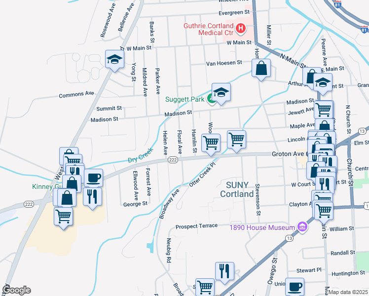map of restaurants, bars, coffee shops, grocery stores, and more near 4 Floral Ave in Cortland