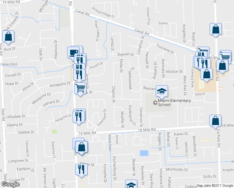 map of restaurants, bars, coffee shops, grocery stores, and more near 41740 Clayton Street in Clinton Township
