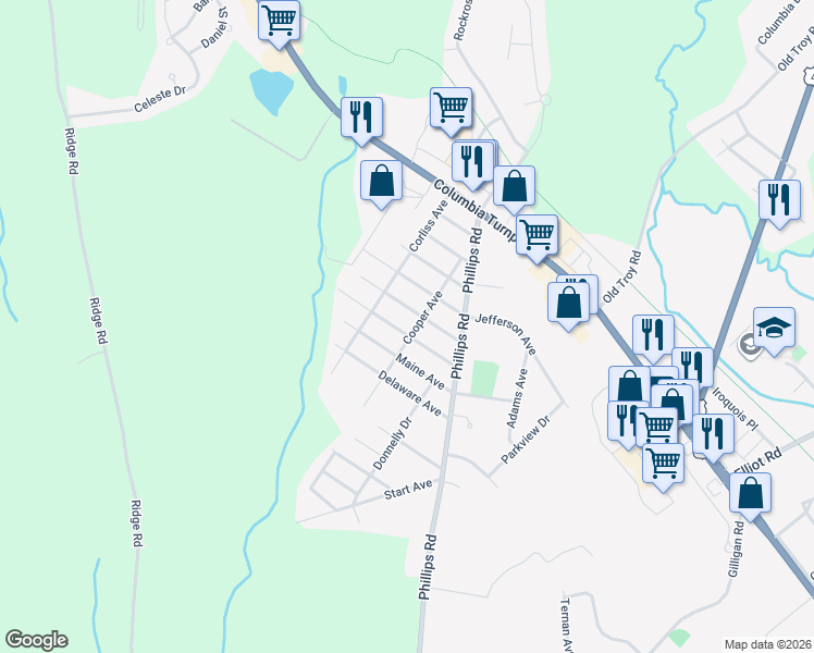 map of restaurants, bars, coffee shops, grocery stores, and more near 18 Oregon Avenue in Rensselaer