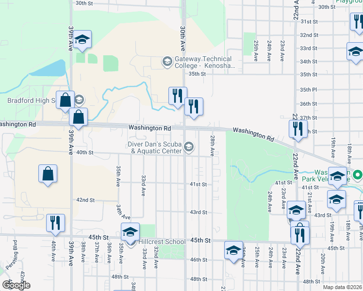map of restaurants, bars, coffee shops, grocery stores, and more near 3910 30th Avenue in Kenosha