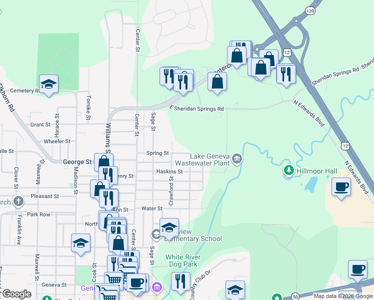 map of restaurants, bars, coffee shops, grocery stores, and more near 417 Spring Street in Lake Geneva