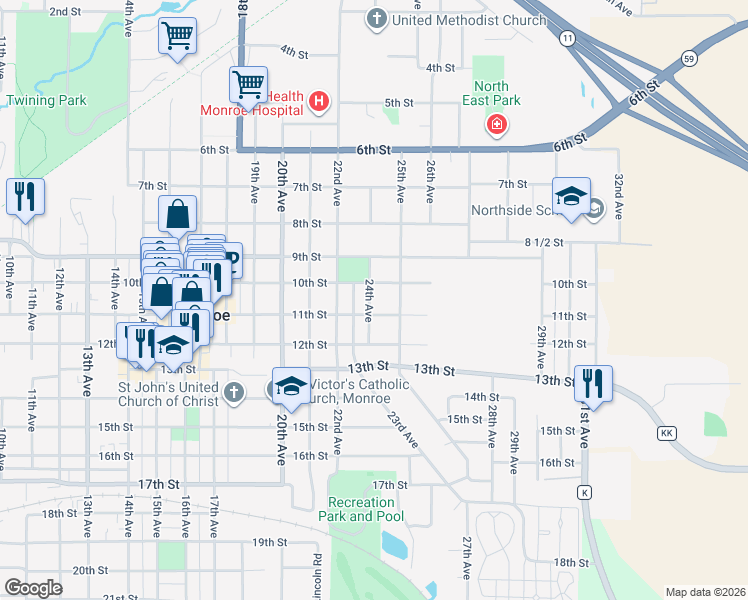 map of restaurants, bars, coffee shops, grocery stores, and more near 1016 24th Avenue in Monroe