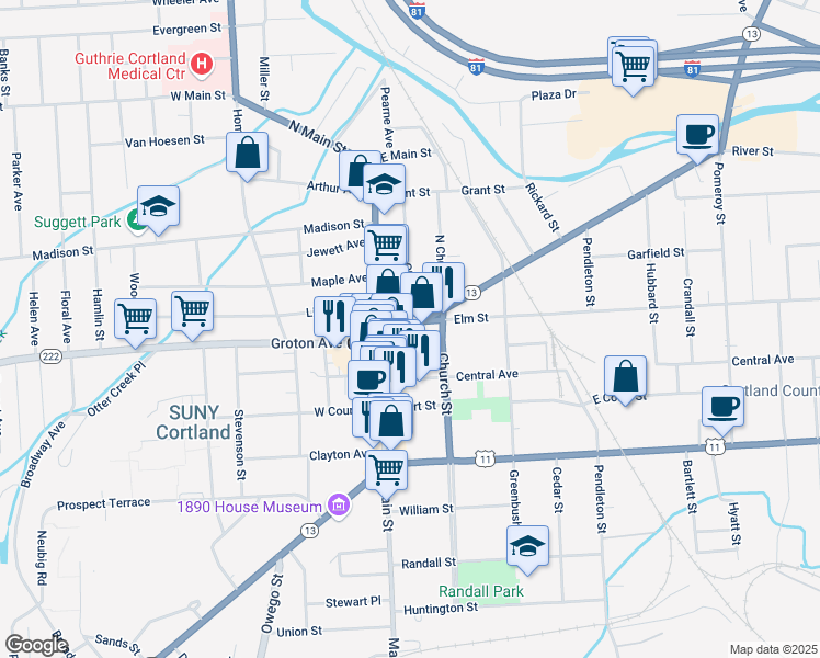 map of restaurants, bars, coffee shops, grocery stores, and more near Clinton Avenue & Charles Street in Cortland