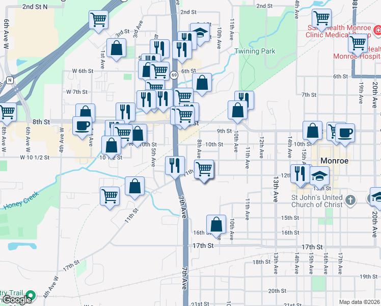 map of restaurants, bars, coffee shops, grocery stores, and more near 1016 7th Ave in Monroe