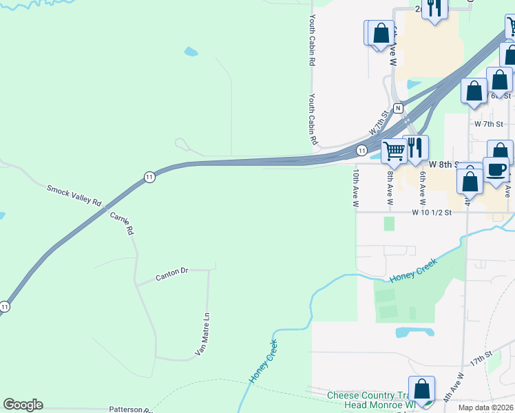 map of restaurants, bars, coffee shops, grocery stores, and more near W6365 West 8th Street in Monroe