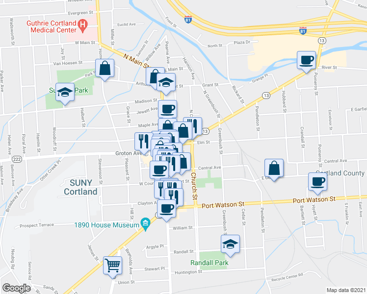 map of restaurants, bars, coffee shops, grocery stores, and more near 29 Clinton Avenue in Cortland