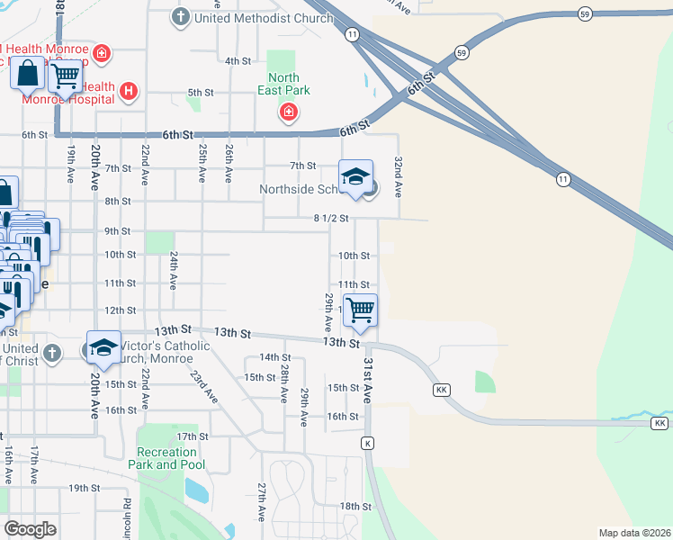 map of restaurants, bars, coffee shops, grocery stores, and more near 1016 29th Ave in Monroe