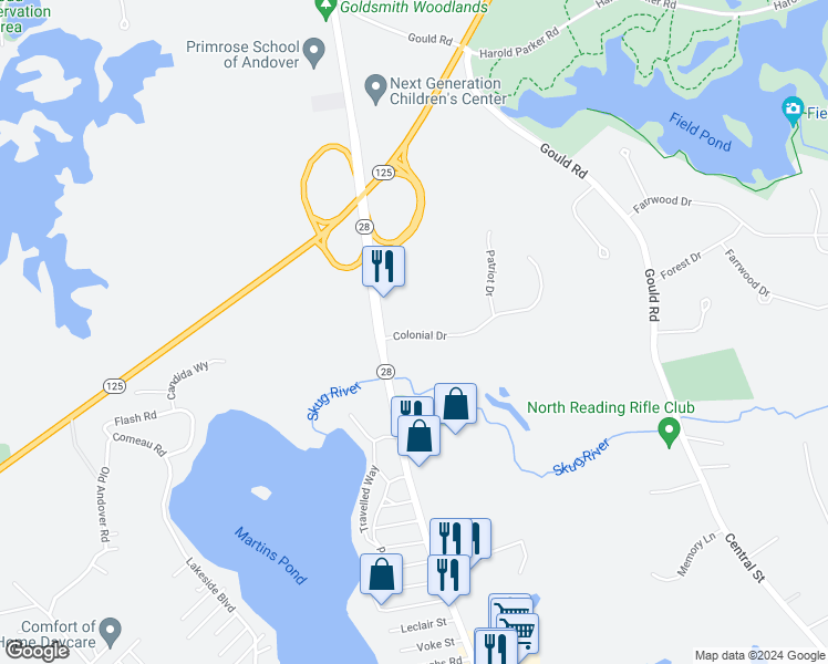 map of restaurants, bars, coffee shops, grocery stores, and more near C3 Colonial Drive in Andover