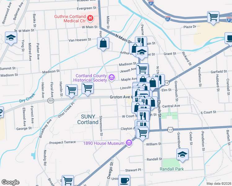 map of restaurants, bars, coffee shops, grocery stores, and more near 38-40-42 Groton Avenue in Cortland