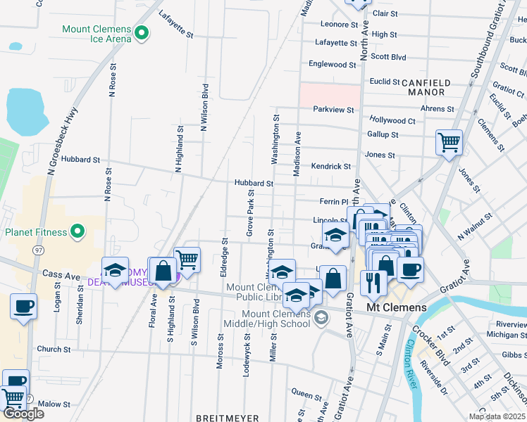 map of restaurants, bars, coffee shops, grocery stores, and more near 92 Lincoln Street in Mount Clemens