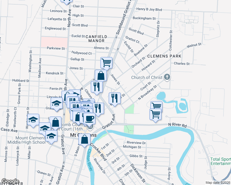 map of restaurants, bars, coffee shops, grocery stores, and more near 8 Howard Street in Mount Clemens
