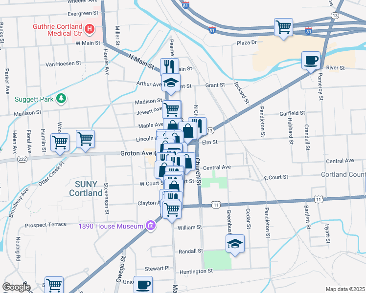 map of restaurants, bars, coffee shops, grocery stores, and more near 29 Clinton Avenue in Cortland