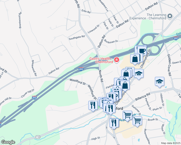 map of restaurants, bars, coffee shops, grocery stores, and more near 30 Worthen Street in Chelmsford