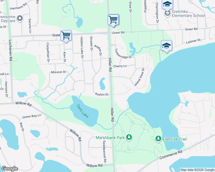 map of restaurants, bars, coffee shops, grocery stores, and more near 2430 Hiller Road in West Bloomfield Township