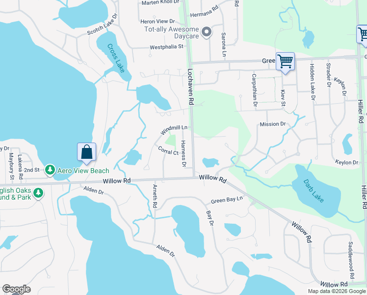 map of restaurants, bars, coffee shops, grocery stores, and more near Harness Drive in Oakland County