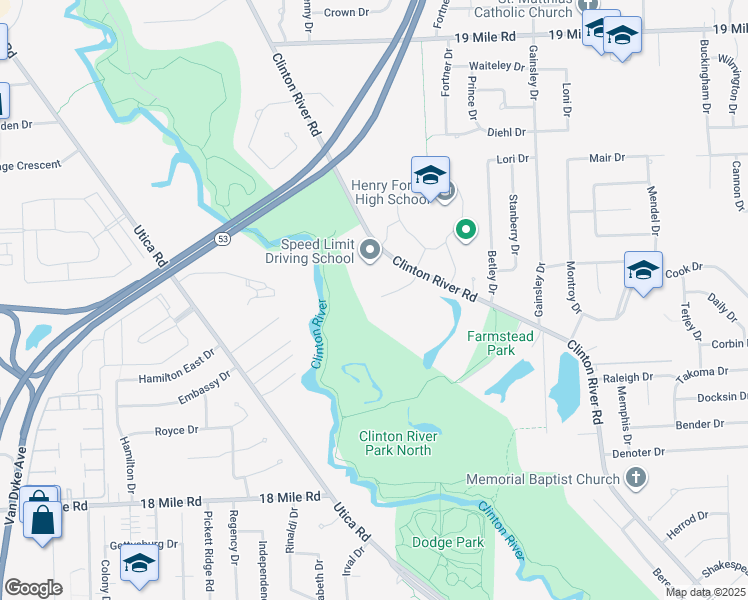 map of restaurants, bars, coffee shops, grocery stores, and more near 42001 Farm Lane Court in Sterling Heights