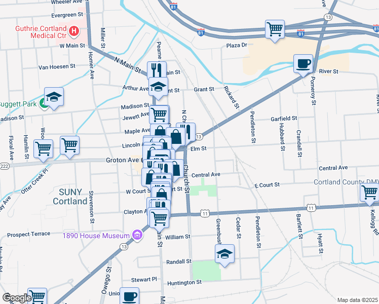 map of restaurants, bars, coffee shops, grocery stores, and more near 3 Church Street in Cortland