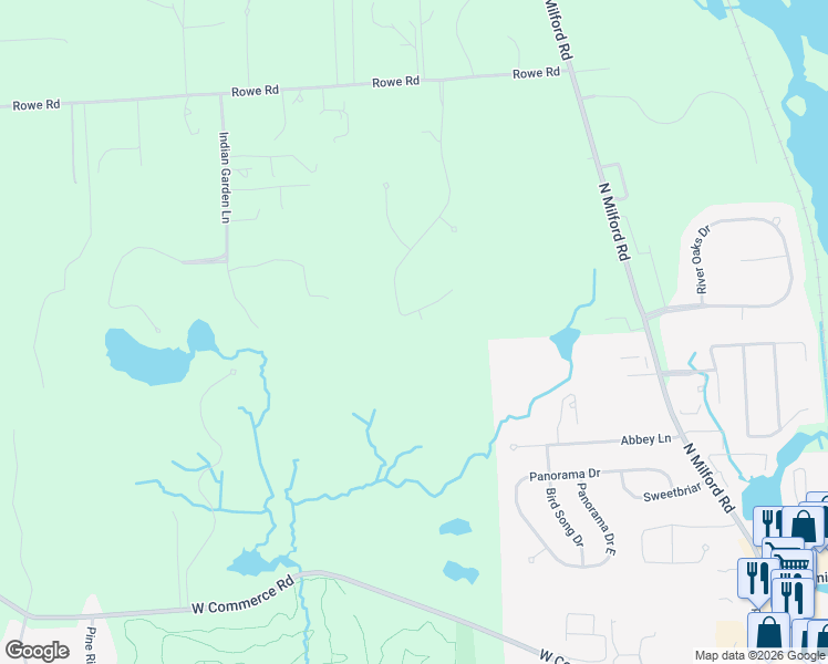 map of restaurants, bars, coffee shops, grocery stores, and more near 1571 Hidden Valley Drive in Milford Charter Township