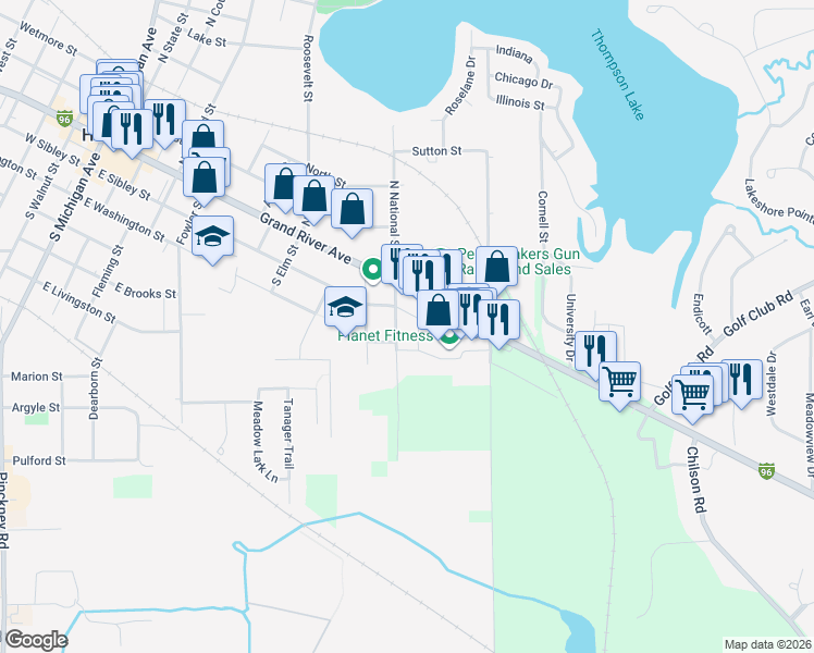 map of restaurants, bars, coffee shops, grocery stores, and more near 217 South National Street in Howell