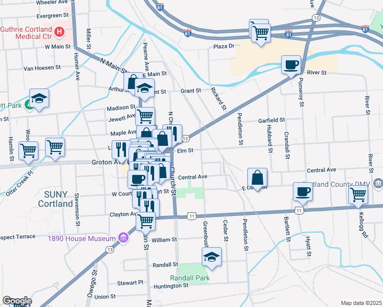 map of restaurants, bars, coffee shops, grocery stores, and more near 60 Central Avenue in Cortland