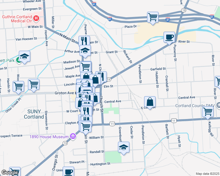 map of restaurants, bars, coffee shops, grocery stores, and more near 60 Central Avenue in Cortland