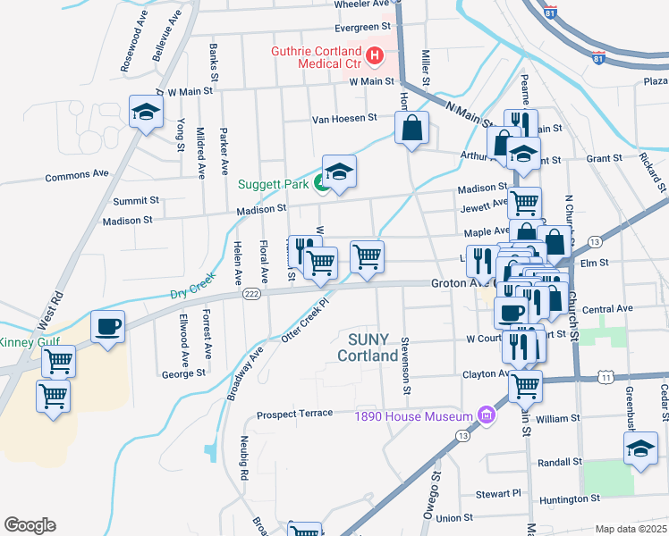 map of restaurants, bars, coffee shops, grocery stores, and more near 93 Lincoln Avenue in Cortland
