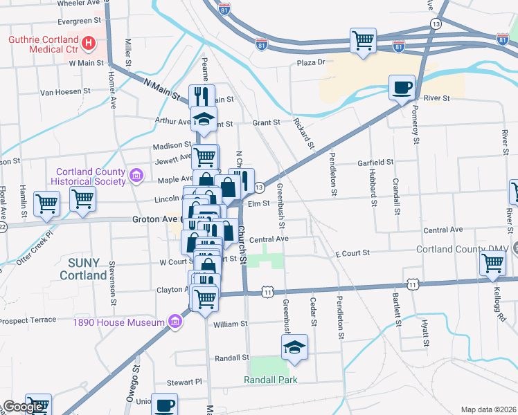 map of restaurants, bars, coffee shops, grocery stores, and more near 5 Church Street in Cortland